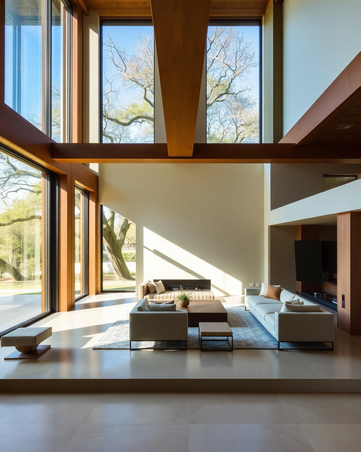 Sunlit modern Austin home interior with tall windows and oak trees outside